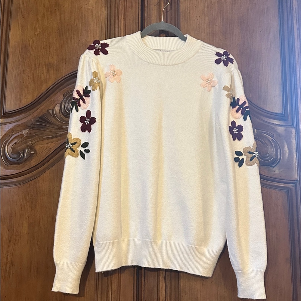 Like New Joy Joy Cream Sweater with Floral Embroidery and Pearls size M/L